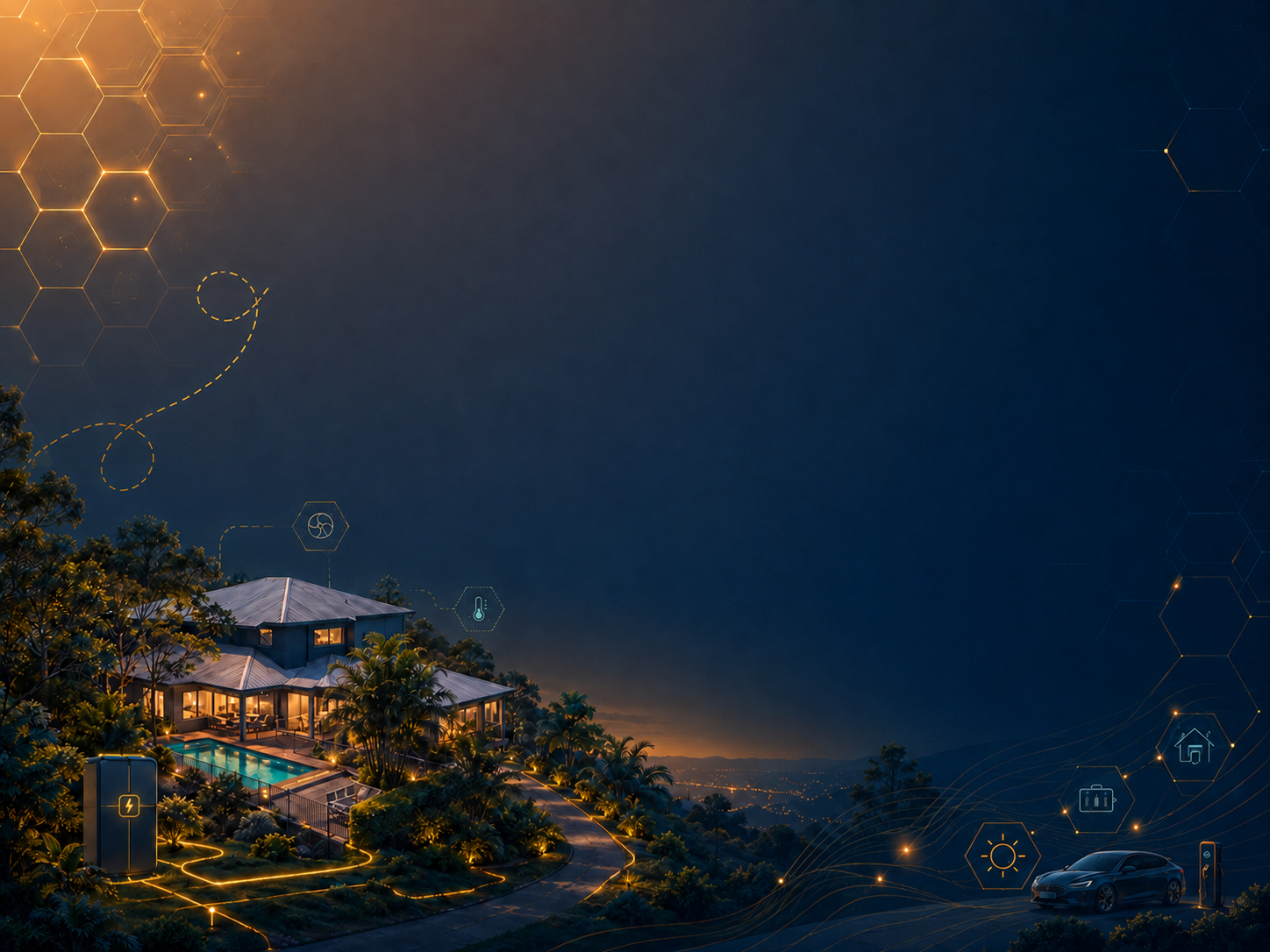 BeeHive smart home at dusk, illustrated